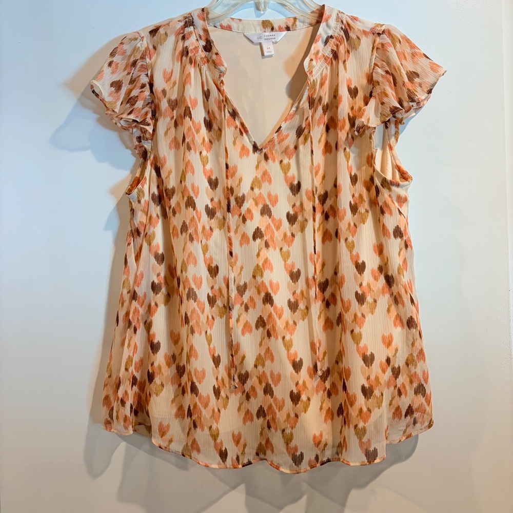 LC Lauren Conrad Heart Print Flutter Sleeve Tie Neck Chiffon Blouse Orange Med